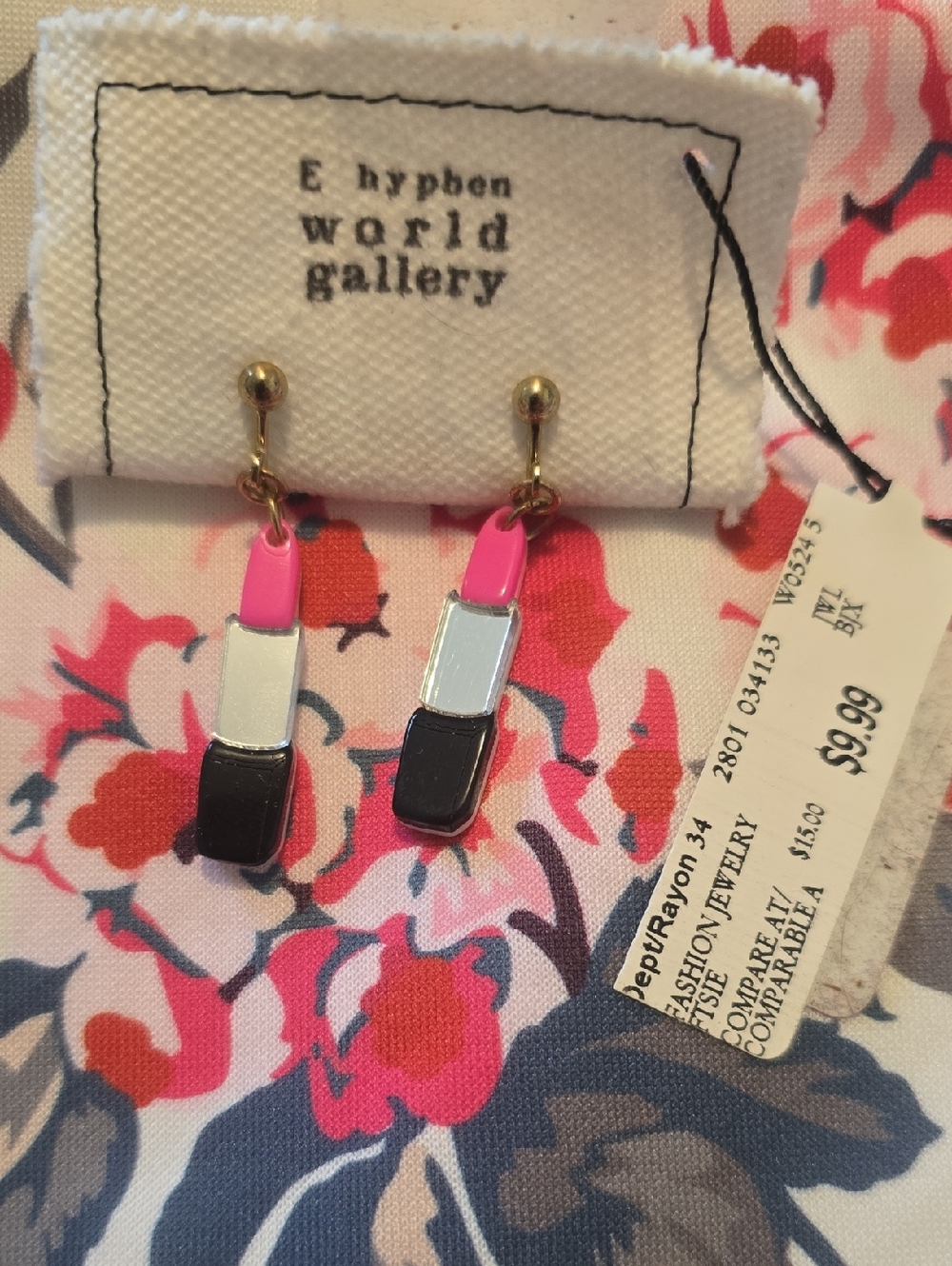 Pink Black Silver Block Dangle Clip On Earrings